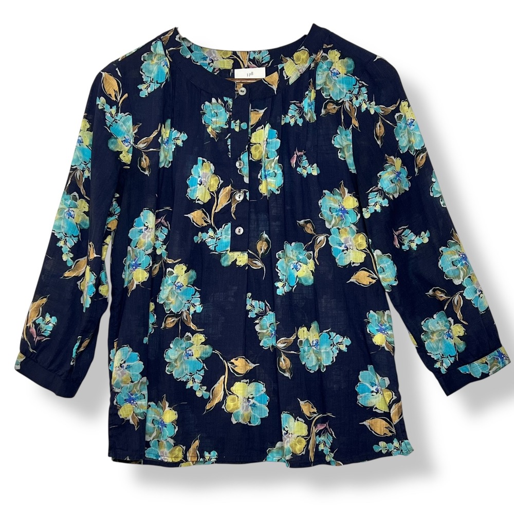 J. Jill‎ Floral Blouse S Petite Navy Blue 100% Cotton Popover Cottagecore Garden